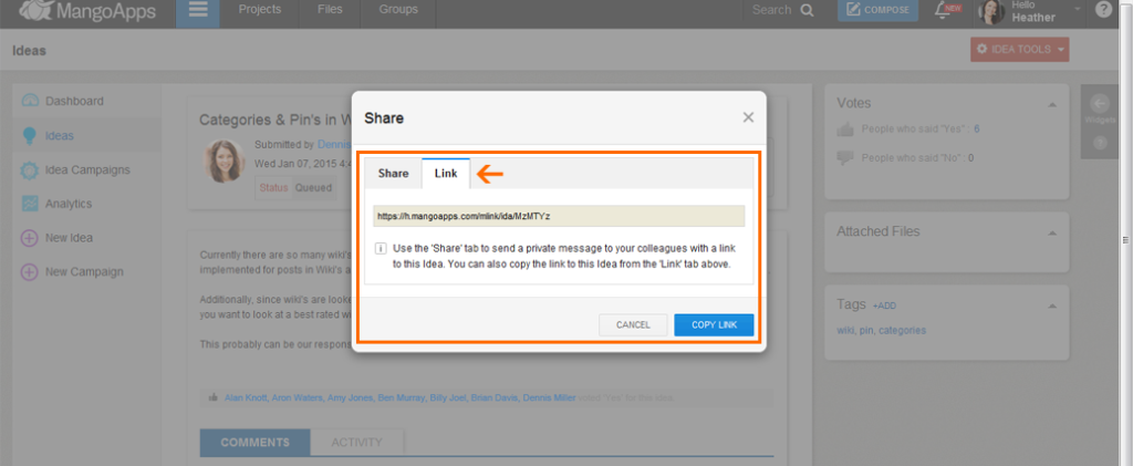 You can now share a posted idea via a link or private message.