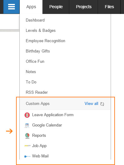 Configure your out-of-the-box apps and choose a label for your network's "Custom Apps." By default, all out-of-box apps are enabled for all users.