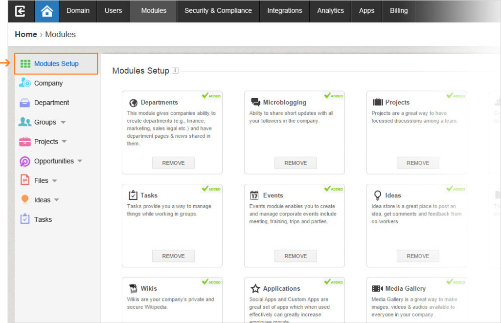 Under the new Modules menu tab, you'll find administration and control actions for all modules in the admin portal.