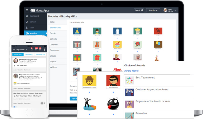 Customize employee recognition, anniversaries and office fun modules with your company specific images and icons