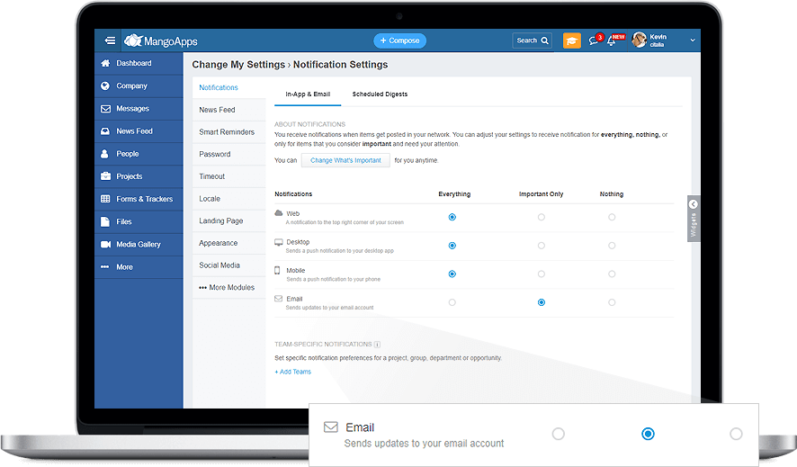 Set the activity you want to be notified over Email by setting your email notifications