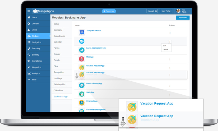 Admins setup the bookmarks app for all network users in the enterprise