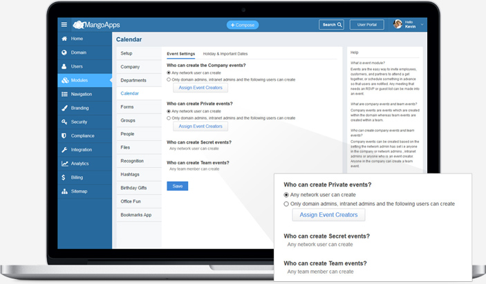 Administration control over who can create & manage events in the organization