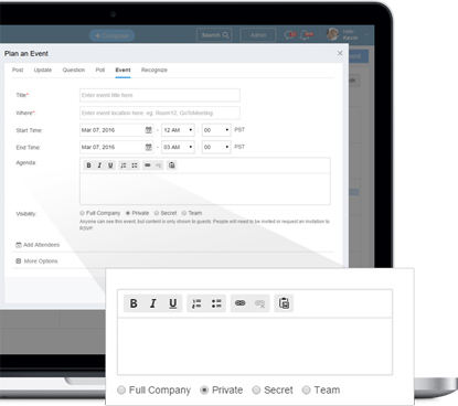 Plan a new meeting, specify agenda, category and decide the appropriate visibility on the calendar.