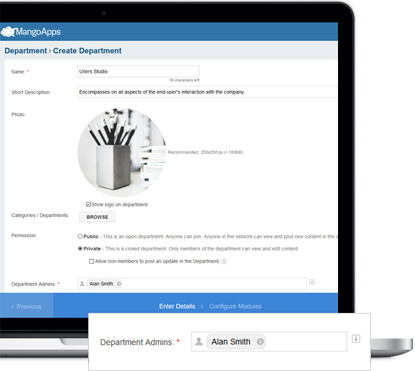 Create a department and assign department admins to it