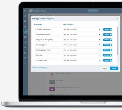 Customize award categories and who can give them to align with your needs