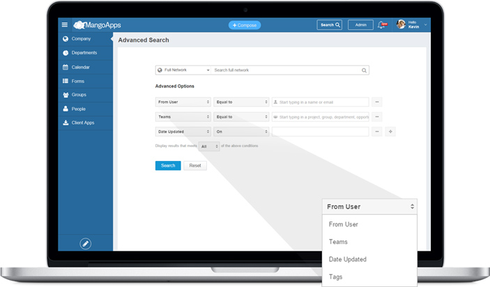 Dynamic advanced search filters enable finding the exact piece of information you are looking for