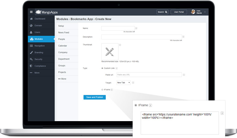 Bookmark app is either a URL to a web app or the web app embedded as an iFrame