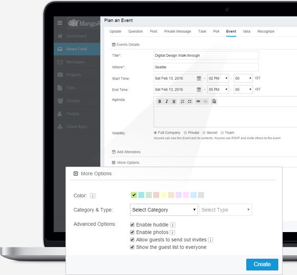 Plan a team event, provide an agenda and configure the event features appropriately to meet it's purpose
