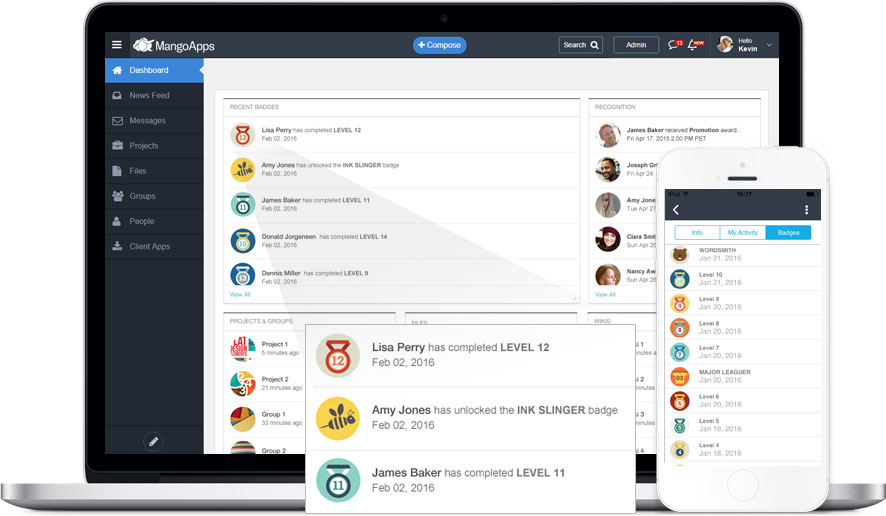 Employee badges of everyone on the main dashboard to promote engagement and employee success