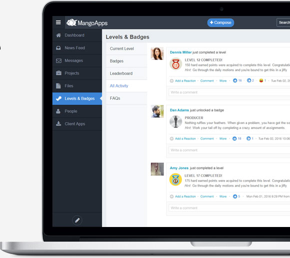 Level & badges updates reinforce activity feedback and increase social interaction