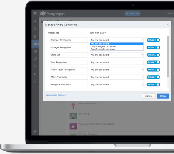 Customize award categories and who can give them to align with your needs