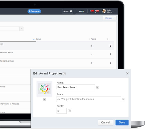 Assign custom points and bonus to any award as per your company policy