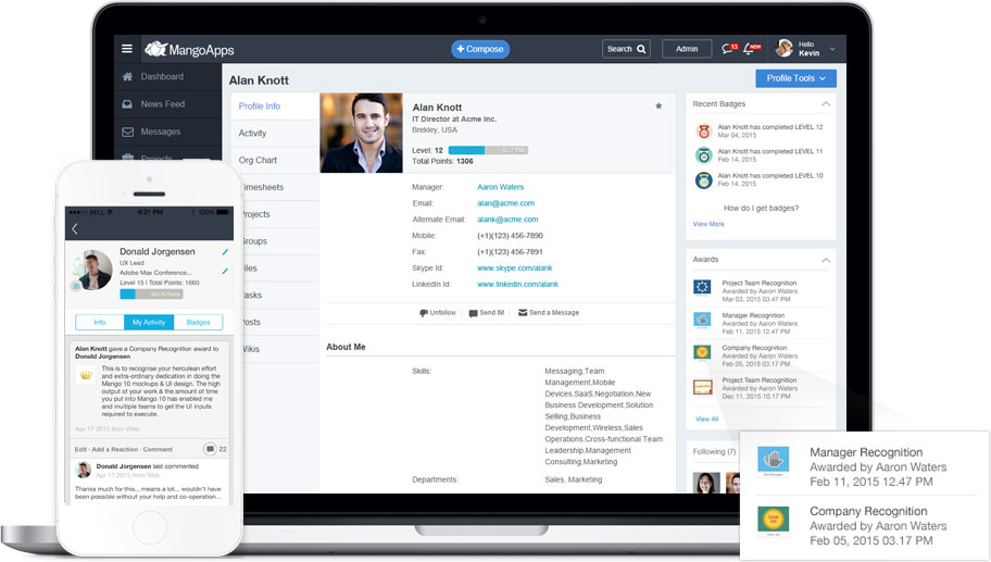 Employee awards and endorsements highlighted on profile