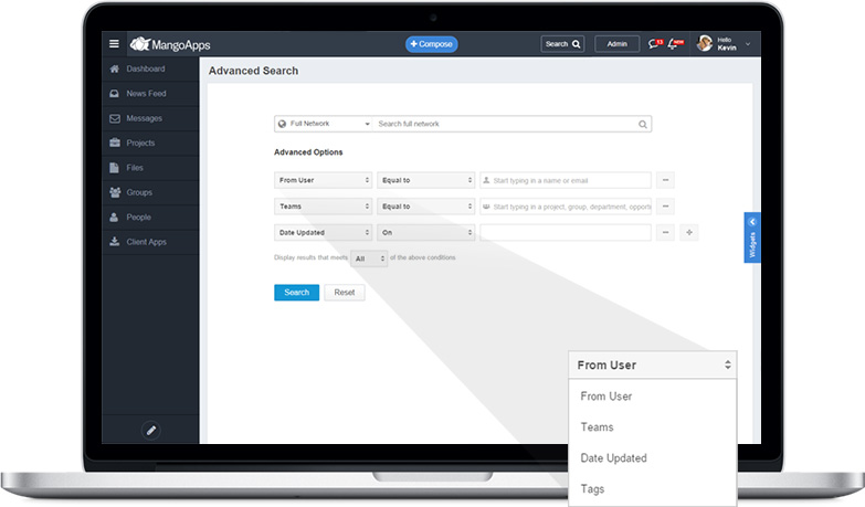 Dynamic advanced search filters enable finding the exact piece of information you are looking for